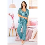 Faal Kadın Dantel Detaylı Saten Sabahlıklı İp Askılı Pijama Takım, Mavi, S Beden