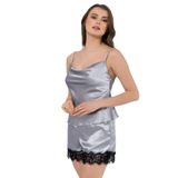 FAAL Kadın Saten Degaje Yaka İp Askılı Şortlu Pijama Takım, Gri, 2XL
