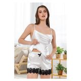 Faal Kadın Saten Degaje Yaka İp Askılı Şortlu Pijama Takımı, Beyaz, 2XL