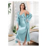 FAAL Kadın Saten Degaje Yaka İp Askılı Uzun Gecelik Sabahlık Takım, Mint, XL