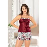 FAAL Kadın Saten İp Askılı Şortlu Pijama Takım, Bordo