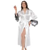 FAAL Kadın Saten Uzun Kollu Dantel Detaylı Uzun Sabahlık-Beyaz, Siyah Dantel Detaylı, Uzun, Kimono Yaka, Kuşaklı, Kadın Gecelik 5902 (XL)