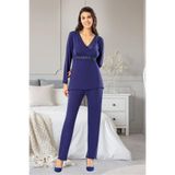 Faal Kadın Uzun Kollu Dantel Detaylı V Yaka Pijama Takımı, Lacivert, XL