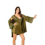 FAAL Saten Dantel Detaylı Gecelik Sabahlık İkili Takım Haki Yeşil F2062 (2XL)