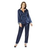 FAAL SATEN UZUN KOL PİJAMA TAKIM 4603 Lacivert, Dantel Detaylı, Uzun Kollu, V Yaka, Düğmeli Üst ve Pantolon (2XL)