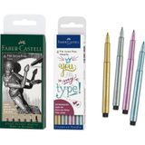 Faber-Castell 167154 - Keçeli kalem Pitt Artist Pen, renk 199, siyah, XXS, XS, S, F, M, 1.5, 6'lı kutu + Pitt Artist Pen metalik keçeli kalem, 4'lü kutu