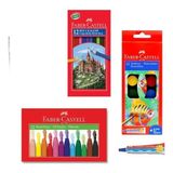Faber-Castell 4 Lü Boyama Seti 12 li Pastel Boya Kuru Boya Sulu Boya ve Yapıştırıcı Hediyeli