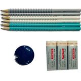 Faber-Castell 6 Kurşun Kalem + Kalem Açacağı + 3 Silgi - Beyaz Silgi ve Siyah Kalem Açacağı