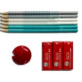 Faber-Castell 6 Kurşun Kalem + Kalem Açacağı + 3 Silgi - Kırmızı Silgi ve Kalem açacağı