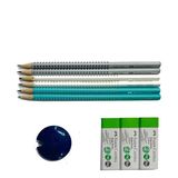 Faber-Castell 6 Kurşun Kalem + Kalem Açacağı + 3 Silgi - Yeşil Silgi ve Mavi Kalem Açacağı