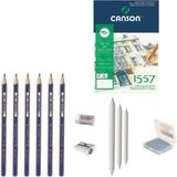 Faber-Castell Faber Castel Eskiz Başlangıç Seti 9 + Dereceli Kalem + A5 Defter + Dağıtıcı Set + Silgi + Açacak + Hamur Silgi