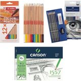 Faber-Castell Faber Castel Goldfaber Dereceli Kalem Çizim Seti - Art Creation 12'li Kuru Boya ve Canson 25X35 Defter