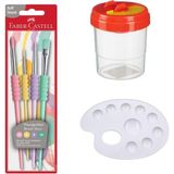 Faber-Castell Fırça Seti 4 lü Pastel Renkli Fırça Temizleme Kabı ve Resim Paleti 1 Adet Faber Castell Fırça Takımı ve Resim Paleti Su Kabı