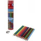 Faber-Castell Kuru Boya Kalemi, Kırmızı Metal Tüp Kutu, 12 Renk, Tam Boy, Kalemtıraş Hediyeli, - Çok Renkli