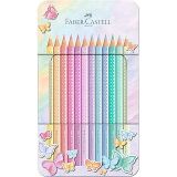 Faber-Castell Parlak Pastel Renkler Kuru Boya Kalemi, 12’li, Ergonomik Üçgen Gövde, Özel Kelebek Tasarımlı Metal Kutu, Canlı ve İnci Parlaklığında Renkler