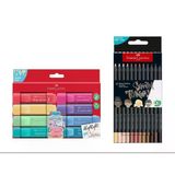 Faber Castell Textliner Pastel 8’Li Fosforlu Kalem Ve Black Edition 12 Renk Skin Tones Ten Renkleri Kuru Boya Seti İkisi Birarada Set