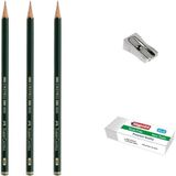 Faber-Castell Yayınları 9000 Yeşil Seri Dereceli Eskiz Çizim Kalemi Seti No: 4b-4h-Hb + Kalemtraş + Silgi - Karışık-Çok Renkli - standart