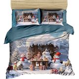 Fabeteks Yılbaşı Kardan Adamlar Masa Etrafında Dijital Nevrem Takımı - 200 x 220 cm - Mavi