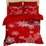 Fabeteks Yılbaşı Yıldızlı ve Süslü Kar Taneleri Dijital Nevrem Takımı - 200 x 220 cm - Kırmızı
