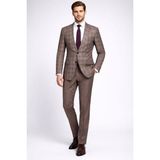 FABIO CASSEL Bej Rengi Kareli Premium Erkek Takım Elbise – Slim Fit Özel Gün & Davet Takımı - Kahverengi - Bej - 6 Drop - 48