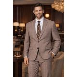 FABIO CASSEL Boldman Luxury %100 Yün Kareli Erkek Takım Elbise – Modern Şık Tasarım - Vizon - 6 Drop - 58