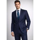FABIO CASSEL Gri Lacivert Kareli Premium Erkek Takım Elbise – Slim Fit Özel Gün & Davet Takımı - Gri - Lacivert - 6 Drop - 52