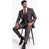 Fabio Cassel Slim Fit Kombinli Mono Yaka Çift Yırtmaçlı Astarlı Takım Elbise Yelekli - Kahverengi - 6 Drop - 46