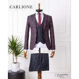 Fabio Cassel Slim Fit Sivri Yaka Çift Yırtmaçlı Astarlı Takım Elbise Yelekli - 6 Drop - 46 - Bordo - Lacivert