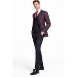 Fabio Cassel Slim Fit Sivri Yaka Çift Yırtmaçlı Astarlı Takım Elbise Yelekli - 6 Drop - 52 - Bordo - Lacivert