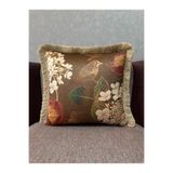 Fabricland Blend-9372 Kahverengi Kuşlu Püsküllü İthal İpek Kadife Kırlent Kılıfı 43x43 Ölçü