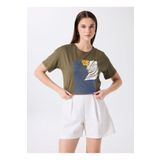 Fabrika Bisiklet Yaka Baskılı Haki Kadın T-Shirt F5SL-TST0458