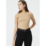 Fabrika Bisiklet Yaka Fitilli Deve Tüyü Kadın T-Shirt TEO - M