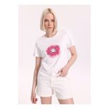 Fabrika Bisiklet Yaka Nakışlı Kırık Beyaz Kadın T-Shirt F6SL-TST0351