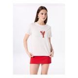 Fabrika Bisiklet Yaka Payetli Kırık Beyaz Kadın T-Shirt F5SL-TST0385