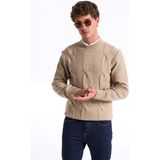 Fabrika Bisiklet Yaka Slim Fit Saç Örgü Desenli Haki Erkek Kazak F5WM-KZK 2314