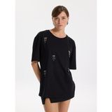 Fabrika Bisiklet Yaka Taşlı Siyah Kadın T-Shirt F5WL-TST0246