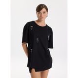 Fabrika Bisiklet Yaka Taşlı T-Shirt, XL, 5003273365, Siyah, Kadın