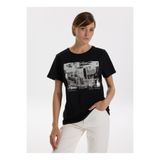 Fabrika Bisiklet Yaka Varaklı Siyah Kadın T-Shirt F5WL-TST0238