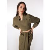 Fabrika Kruvaze Yaka Crop Bluz, 40, 5003087404, Haki, Kadın