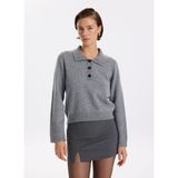 Fabrika Polo Yaka Dar Düz Gri Melanj Kazak Kadın F5WL-KZK0023 - S