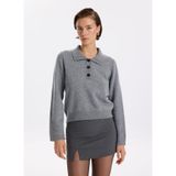 Fabrika Polo Yaka Dar Düz Gri Melanj Kazak, M, 5003273322, Gri Melanj, Kadın