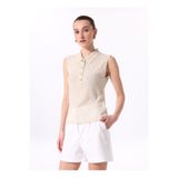 Fabrika Polo Yaka Düz Örgü Desenli Bej Kadın Bluz F5SL-BLZ0423
