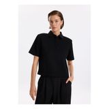 Fabrika Polo Yaka Düz Siyah Kadın Bluz F5WL-TST0480