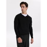 Fabrika V Yaka Basic Düz Siyah Erkek Kazak F5WM-KZK 2557 - 2XL