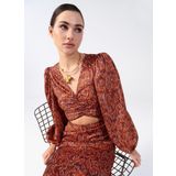 Fabrika V Yaka Desenli Midi Kiremit Kadın Elbise YMN-8 5002943786, Kiremit, 34