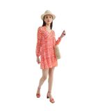 Fabrika V Yaka Desenli Pembe - Turuncu Mini Elbise, 40, 5002976376, Pembe - Turuncu, Kadın