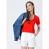 Fabrika V Yaka Düz Kırmızı Kadın T-Shirt TEYO - XS