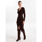 Fabrika V Yaka Düz Midi Elbise, M, 5003155499, Kahve, Kadın