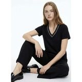 Fabrika V Yaka Düz Siyah Kadın T-Shirt F6SL-TST0353 - XL