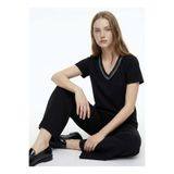 Fabrika V Yaka Düz Siyah Kadın T-Shirt F6SL-TST0353